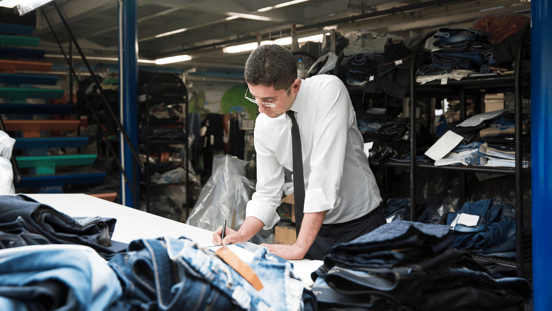 An image of a small business owner reviewing inventory at a table in his warehouse.