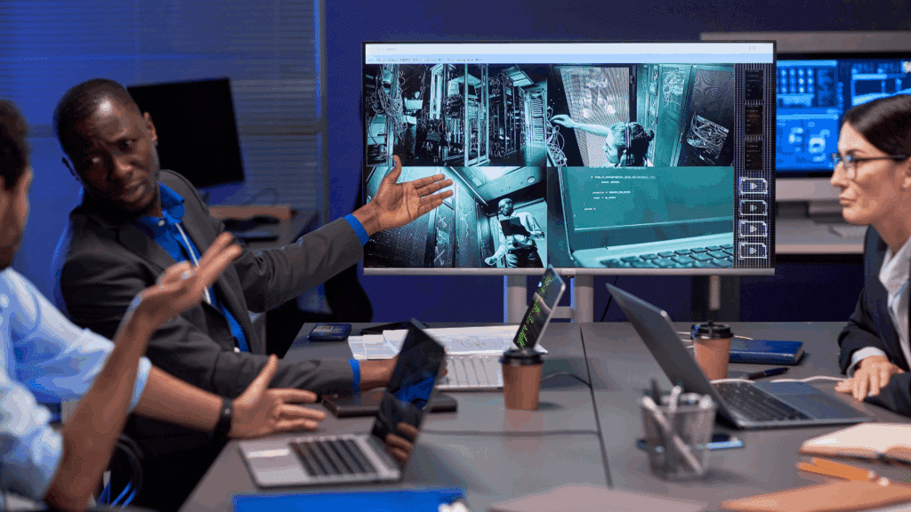 An image of a small business owner in Oakville meeting with his team to discuss implementing cybersecurity measures for his small business