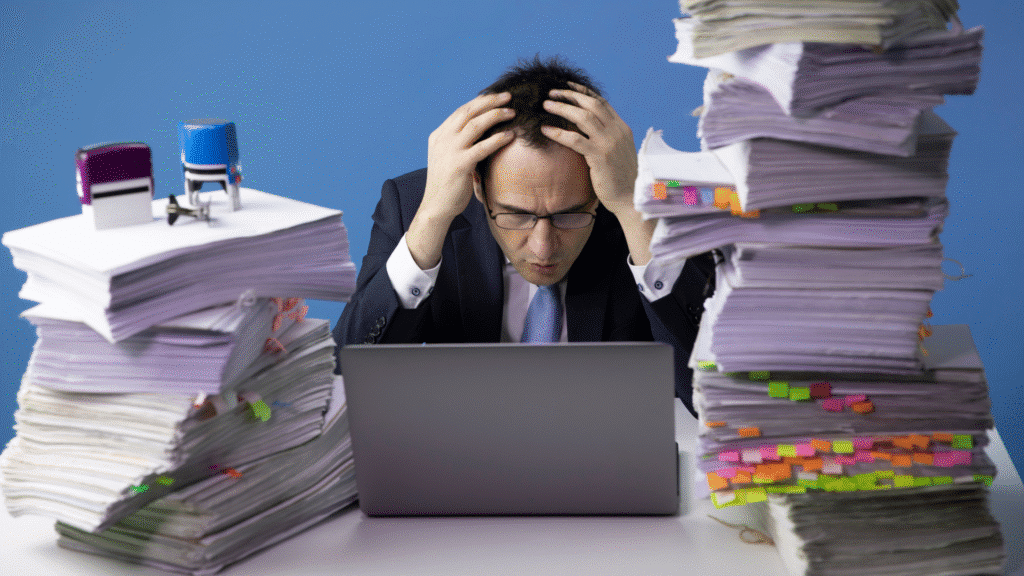 An image of a small business owner in Oakville who is frustrated with his attempt at DIY accounting